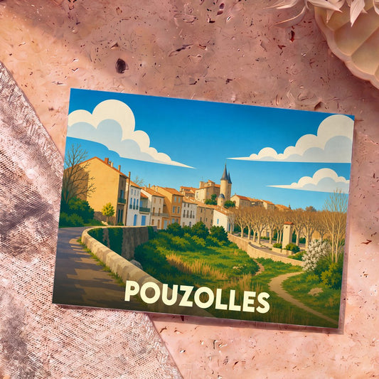Carte postale souvenir de la ville de Pouzolles avec une illustration stylisée et colorée.