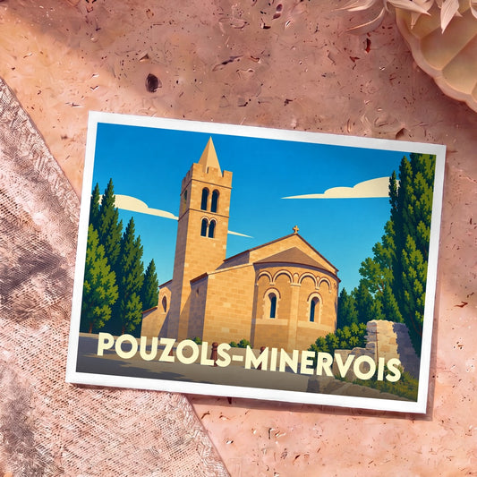 Carte postale souvenir de la ville de Pouzols-Minervois illustrant son église ensoleillée dans un style graphique épuré.