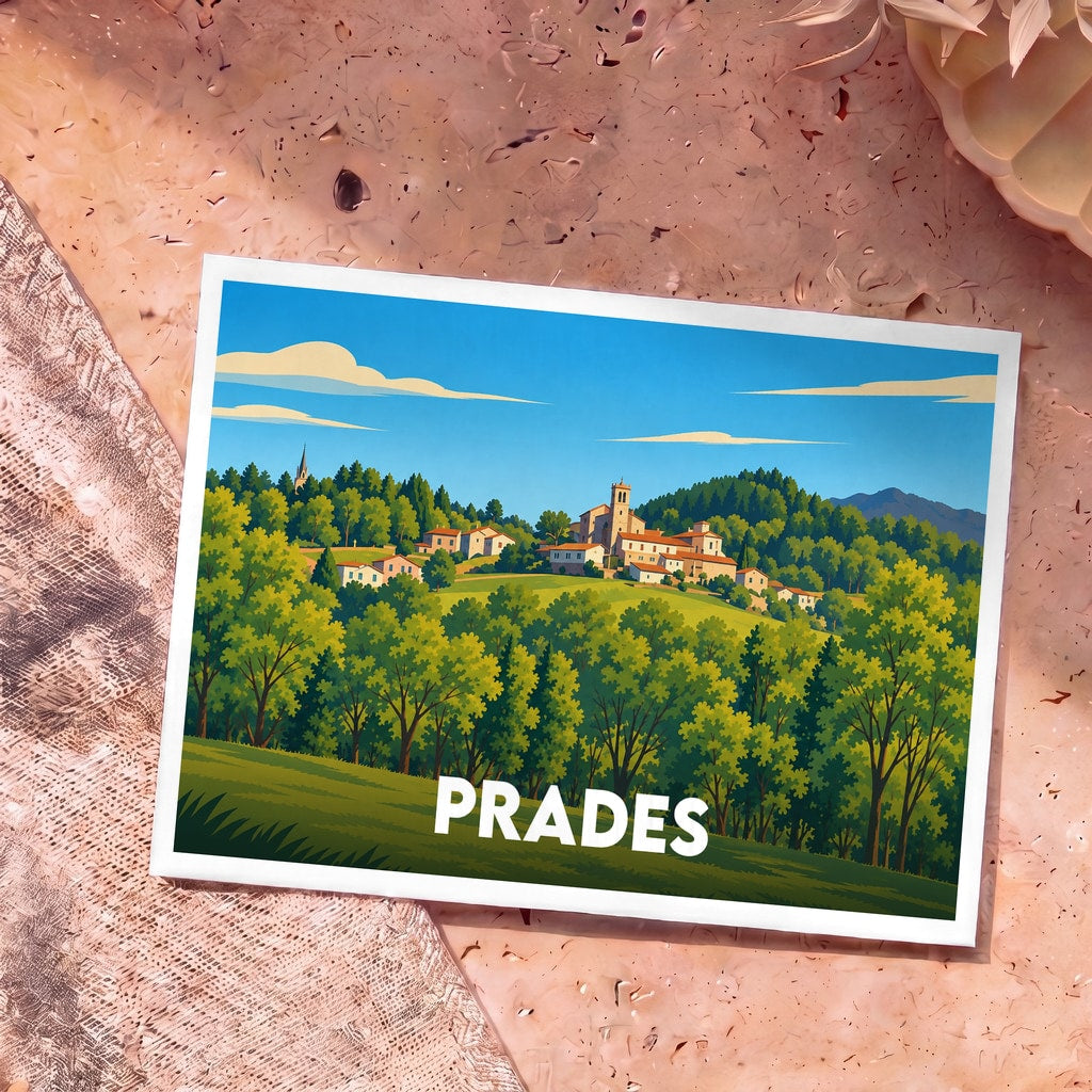 Carte postale souvenir de la ville de Prades avec une illustration stylisée de son village niché dans la verdure.