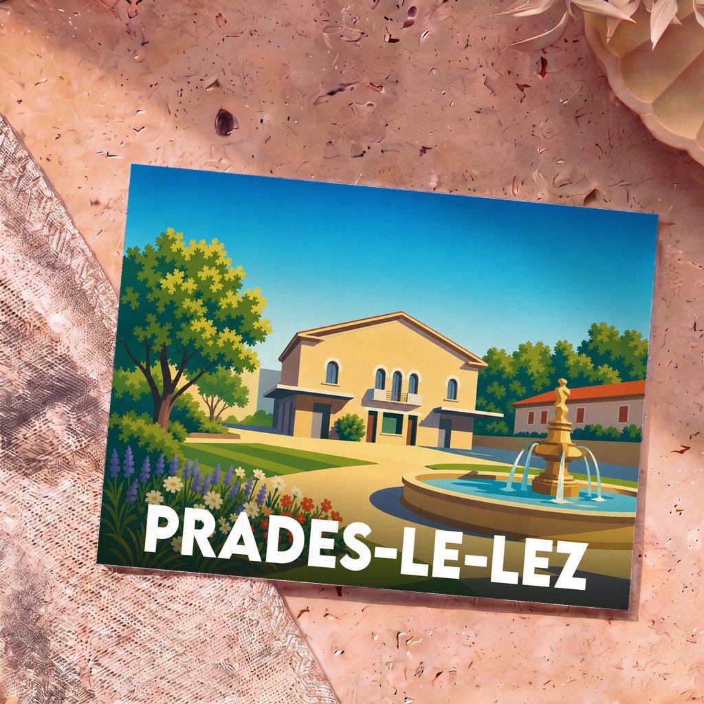Carte postale souvenir de la ville de Prades-le-Lez avec une illustration colorée et stylisée d'une place ensoleillée.
