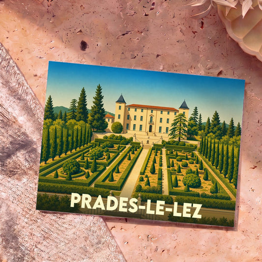 Carte postale souvenir de la ville de Prades-le-Lez avec une illustration stylisée d'un château et ses jardins à la française.