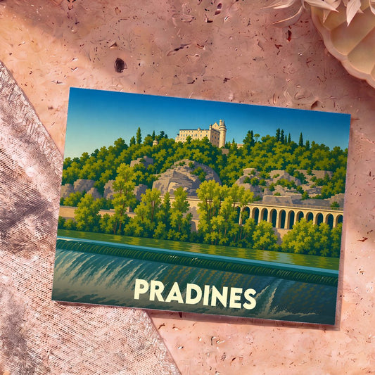 Carte postale souvenir de la ville de Pradines avec une illustration stylisée d'un château surplombant la rivière.
