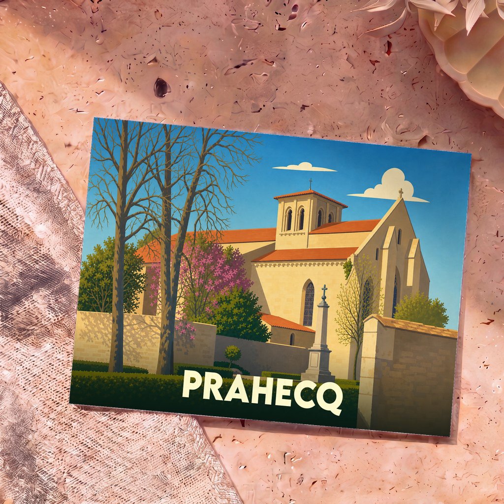 Carte postale souvenir de la ville de Prahecq illustrant son église avec un style graphique épuré.