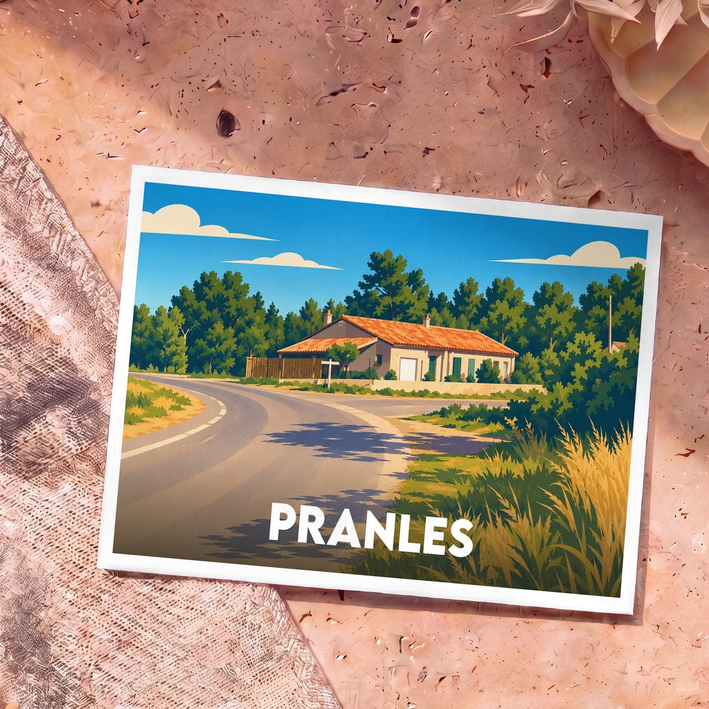 Carte postale souvenir de la ville de Pranles avec une illustration stylisée d'une maison provençale au bord d'une route.