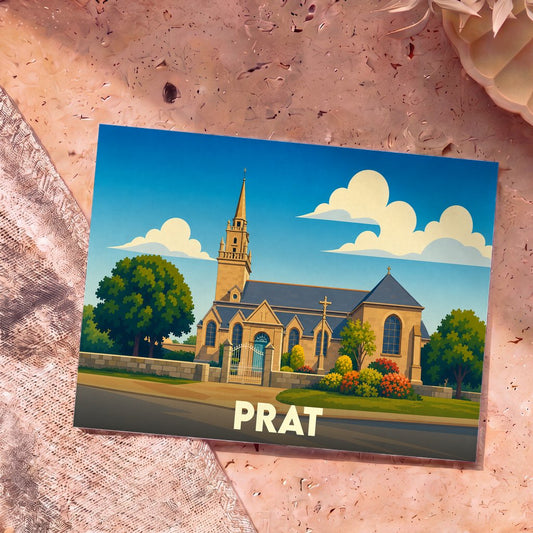 Carte postale souvenir de la ville de Prat avec une illustration stylisée d'une église sous un ciel bleu.