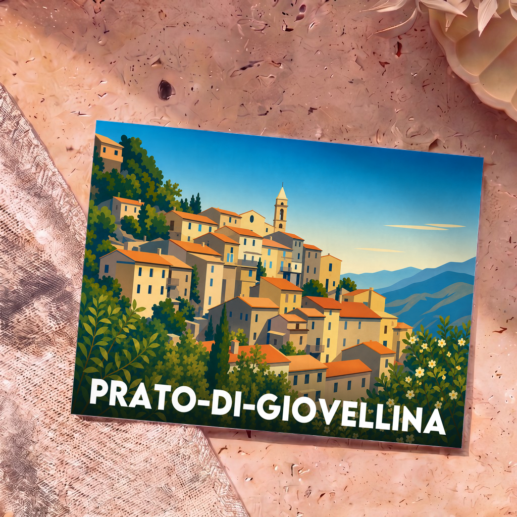 Carte postale souvenir de la ville de Prato-di-Giovellina avec une illustration stylisée d'un village corse ensoleillé.