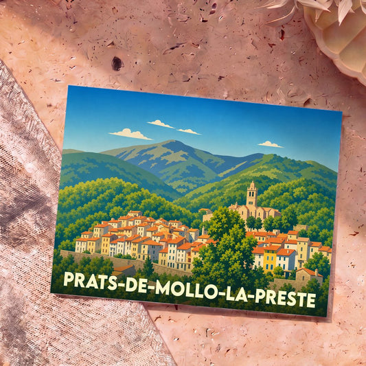 Carte postale souvenir de la ville de Prats-de-Mollo-la-Preste avec une illustration stylisée.