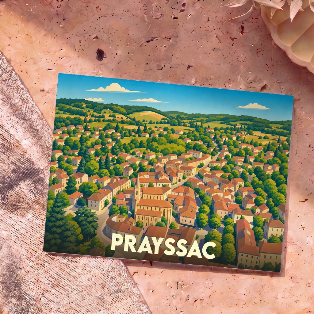 Carte postale souvenir de la ville de Prayssac avec une illustration colorée et stylisée d'un village niché dans les collines.