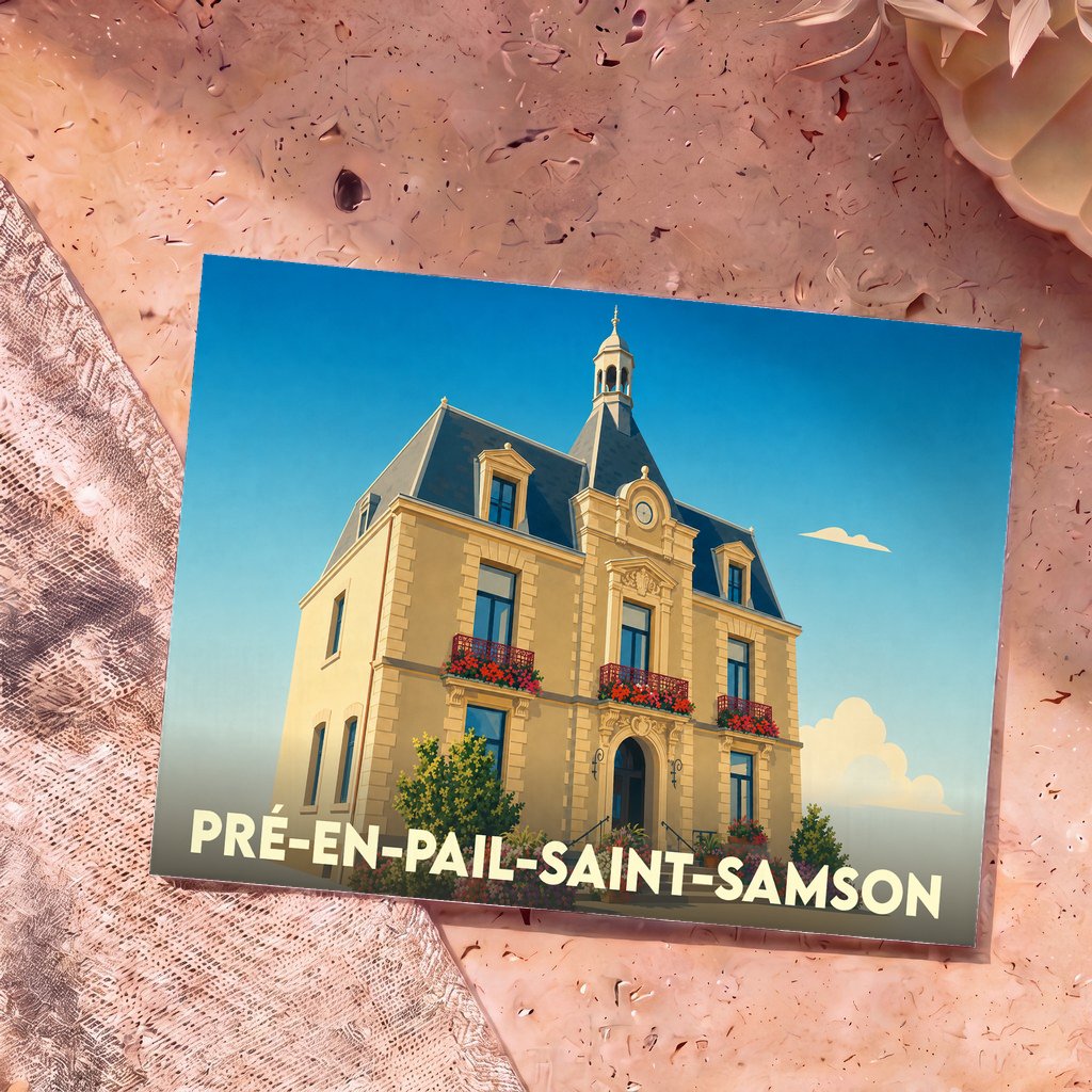 Carte postale souvenir de la ville de Pré-en-Pail-Saint-Samson illustrant son hôtel de ville dans un style vintage.