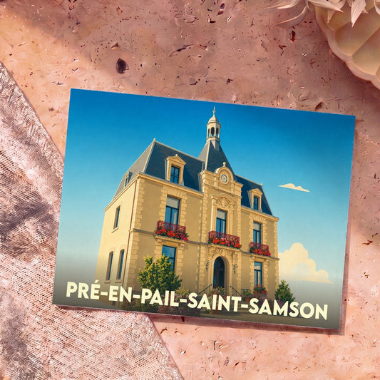 Carte postale souvenir de la ville de Pré-en-Pail-Saint-Samson illustrant son hôtel de ville dans un style vintage.
