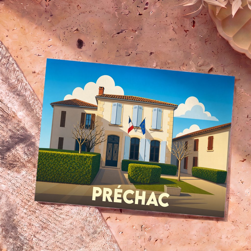 Carte postale souvenir de la ville de Préchac avec une illustration stylisée de sa mairie.