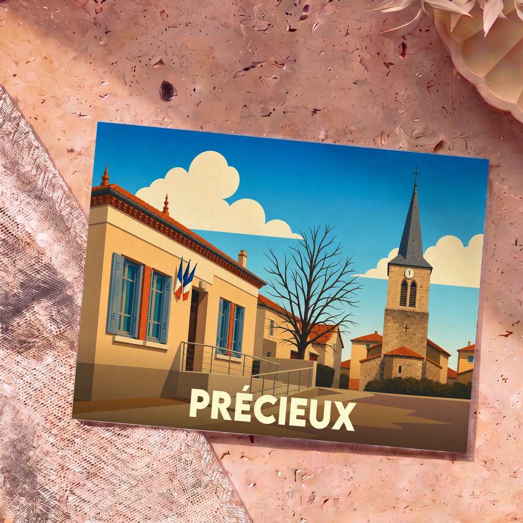 Carte postale souvenir de la ville de Précieux avec une illustration stylisée de sa mairie et de son église.