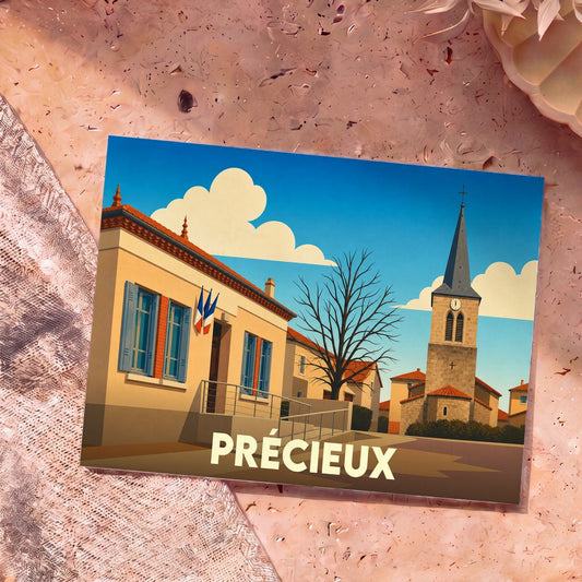 Carte postale souvenir de la ville de Précieux avec une illustration stylisée de sa mairie et de son église.