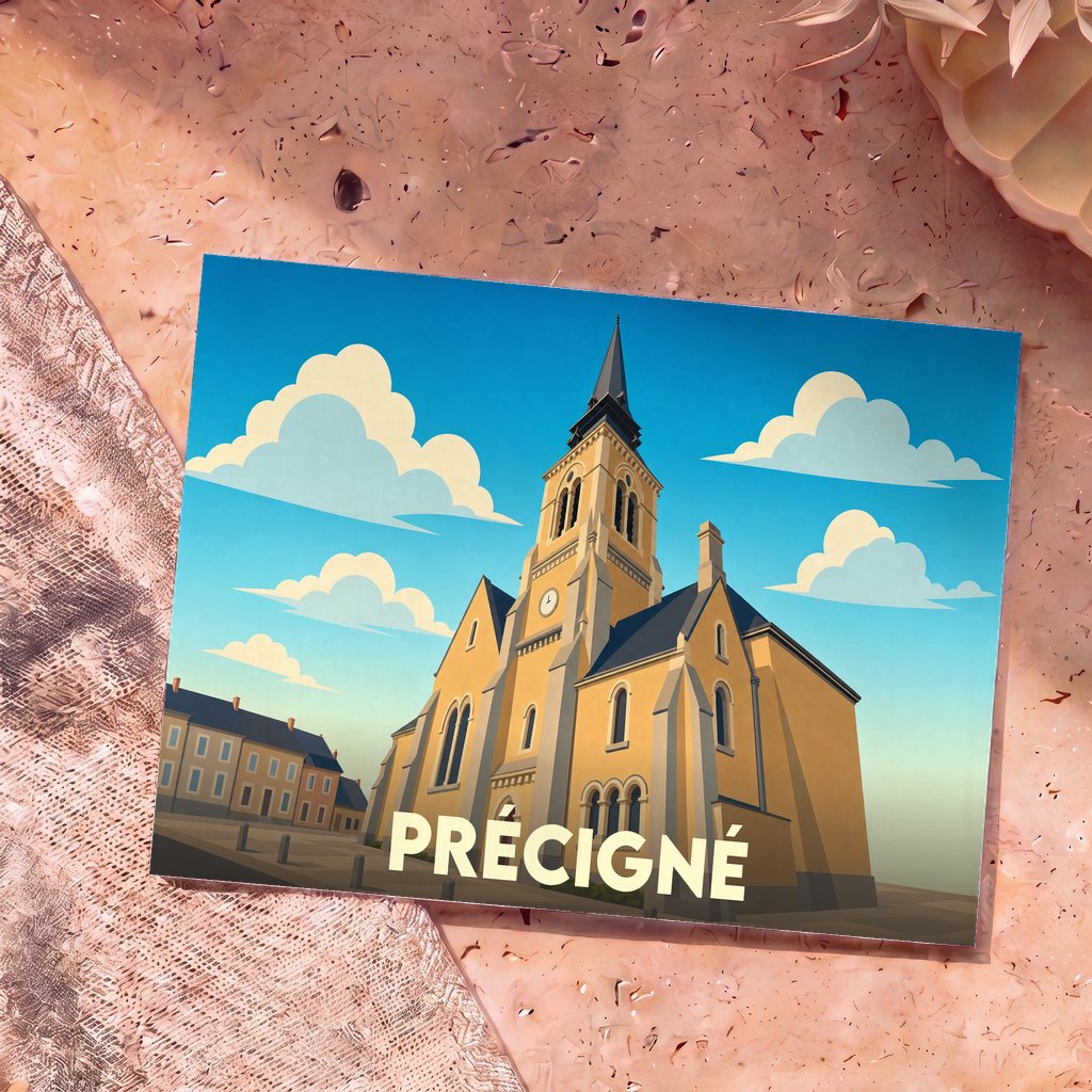 Carte postale souvenir de la ville de Précigné avec une illustration stylisée de son église sous un ciel nuageux.