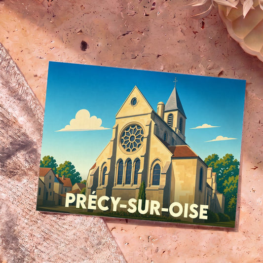 Carte postale souvenir de la ville de Précy-sur-Oise illustrant son église dans un style graphique épuré.