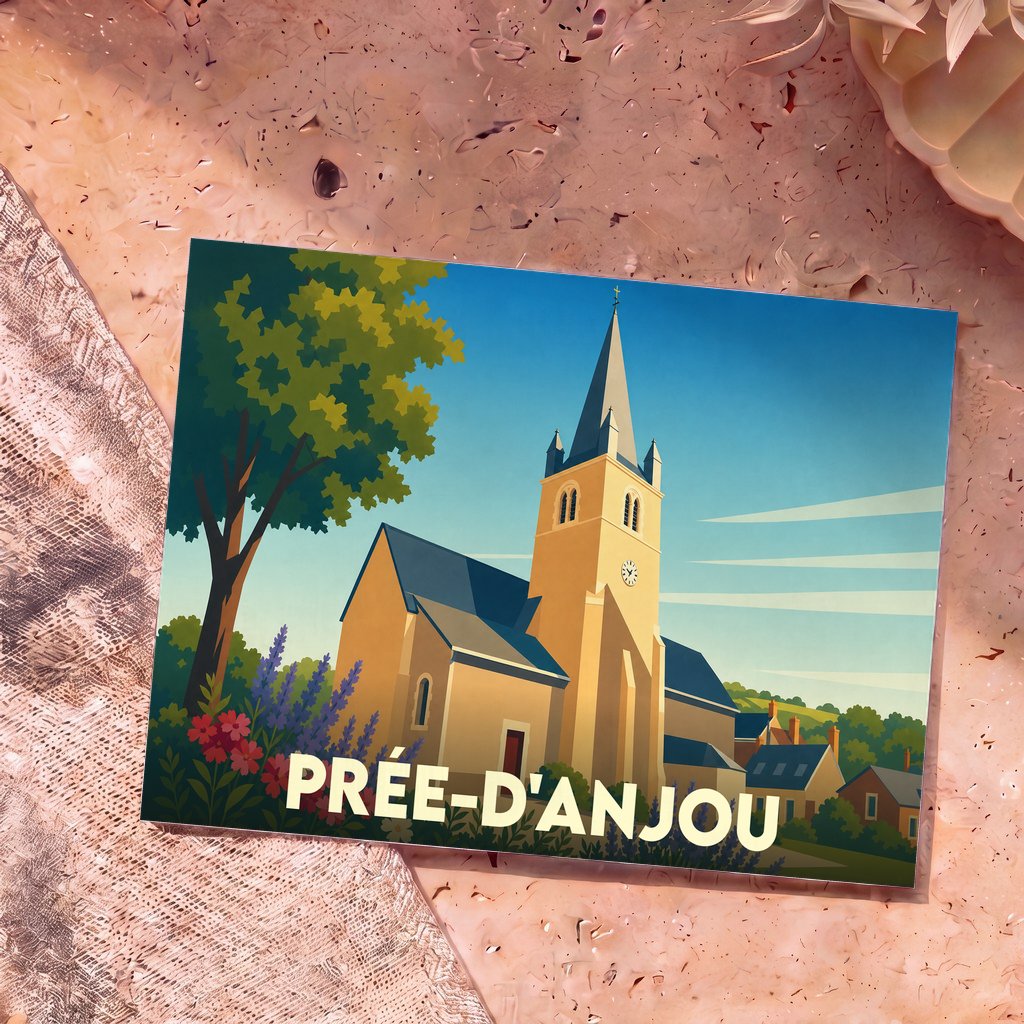 Carte postale souvenir de la ville de Prée-d'Anjou avec une illustration stylisée de son église.