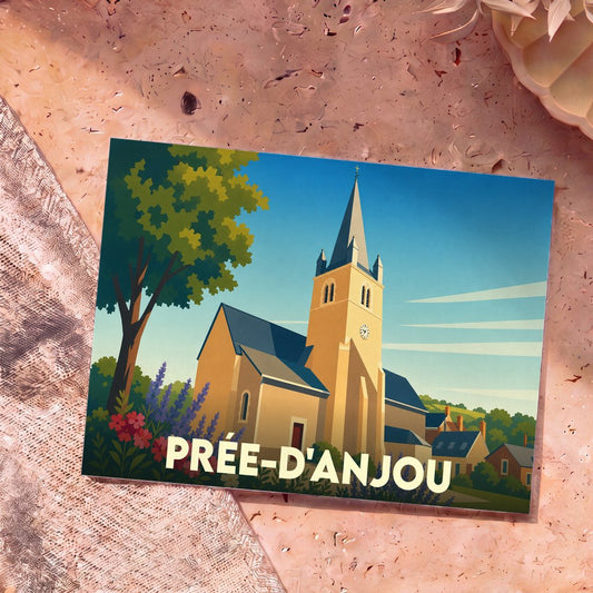 Carte postale souvenir de la ville de Prée-d'Anjou avec une illustration stylisée de son église.