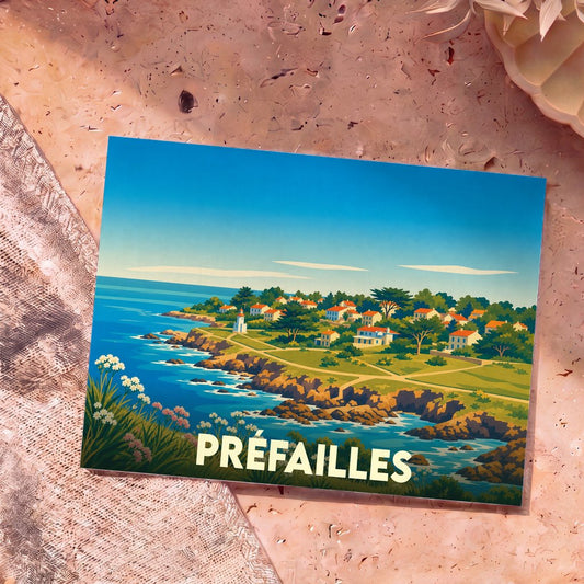 Carte postale souvenir de la ville de Préfailles avec une illustration stylisée de son littoral.