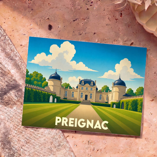 Carte postale souvenir de la ville de Preignac représentant une illustration stylisée d'un château sous un ciel nuageux.