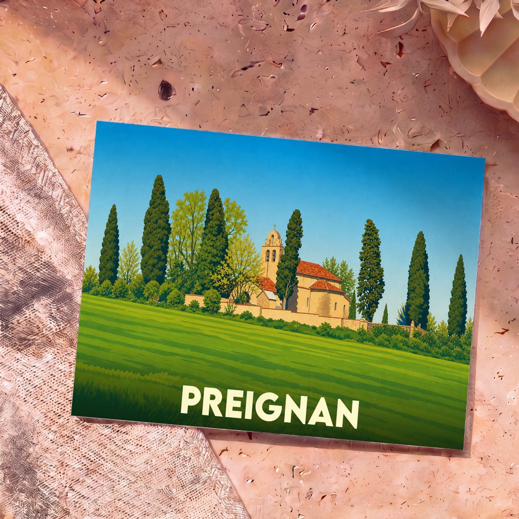 Carte postale souvenir de la ville de Preignan avec une illustration stylisée représentant une église entourée de cyprès.