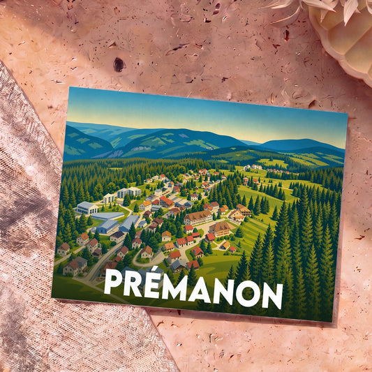 Carte postale souvenir de la ville de Prémanon avec une illustration stylisée de ses paysages montagneux.