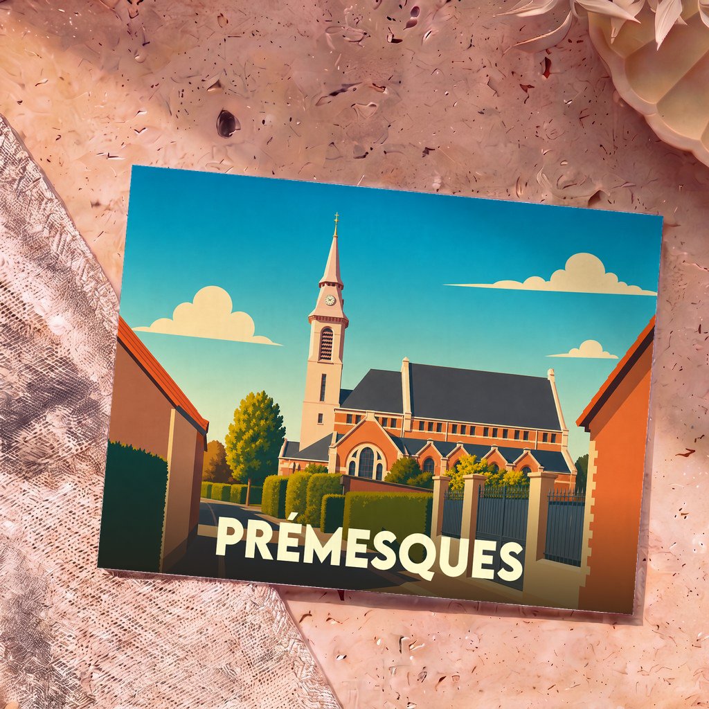 Carte postale souvenir de la ville de Prémesques illustrant l'église locale dans un style graphique épuré.