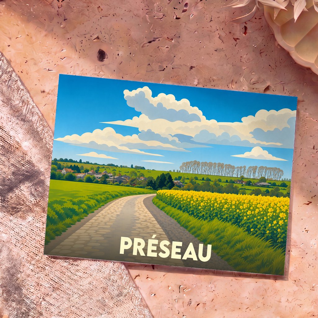 Carte postale souvenir de la ville de Préseau avec une illustration stylisée d'un paysage de campagne.