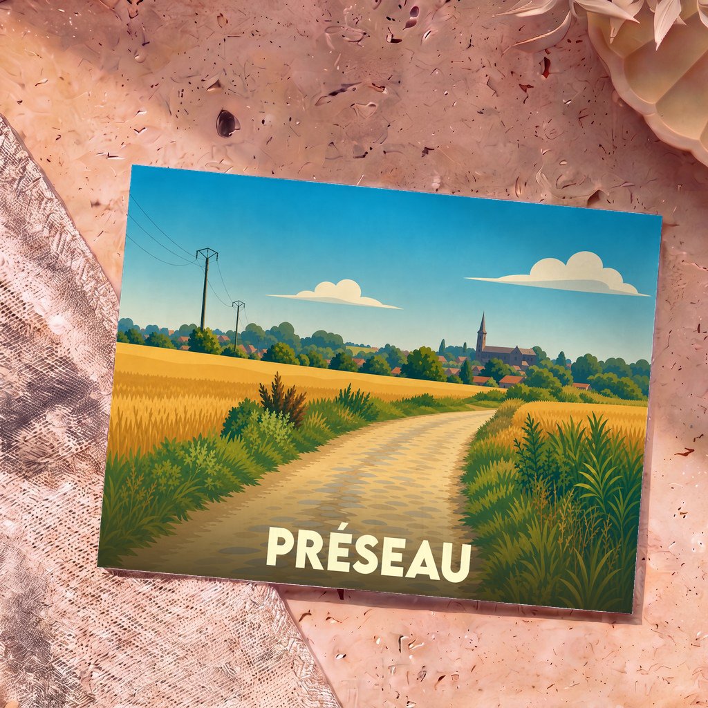 Carte postale souvenir de la ville de Préseau avec une illustration stylisée d'un paysage de campagne champêtre.