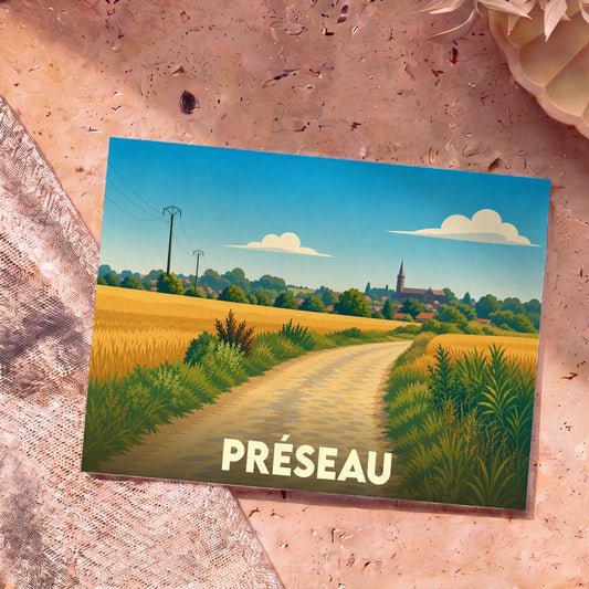 Carte postale souvenir de la ville de Préseau avec une illustration stylisée d'un paysage de campagne champêtre.