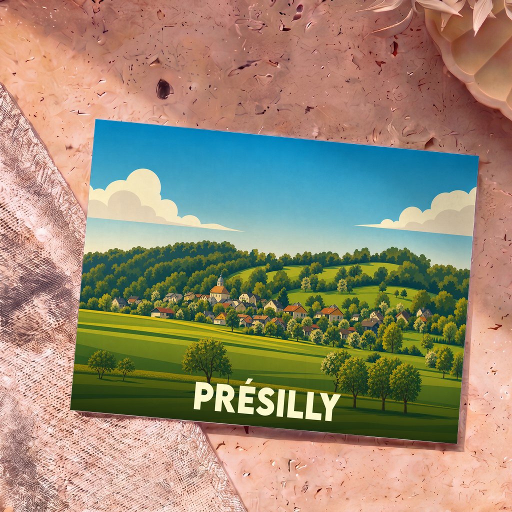 Carte postale souvenir de la ville de Présilly avec une illustration stylisée de son paysage vallonné.
