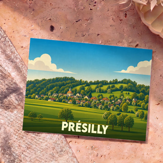 Carte postale souvenir de la ville de Présilly avec une illustration stylisée de son paysage vallonné.