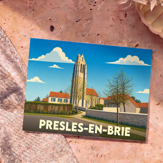 Carte postale souvenir de la ville de Presles-en-Brie avec une illustration stylisée de son église et de ses maisons.