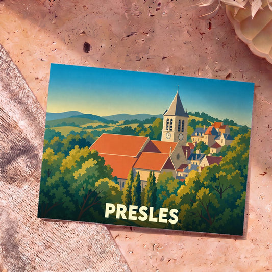 Carte postale souvenir de la ville de Presles arborant une illustration stylisée de son église et de ses paysages vallonnés.