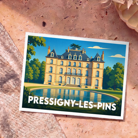 Carte postale souvenir de la ville de Pressigny-les-Pins illustrée d'un château et de son plan d'eau.