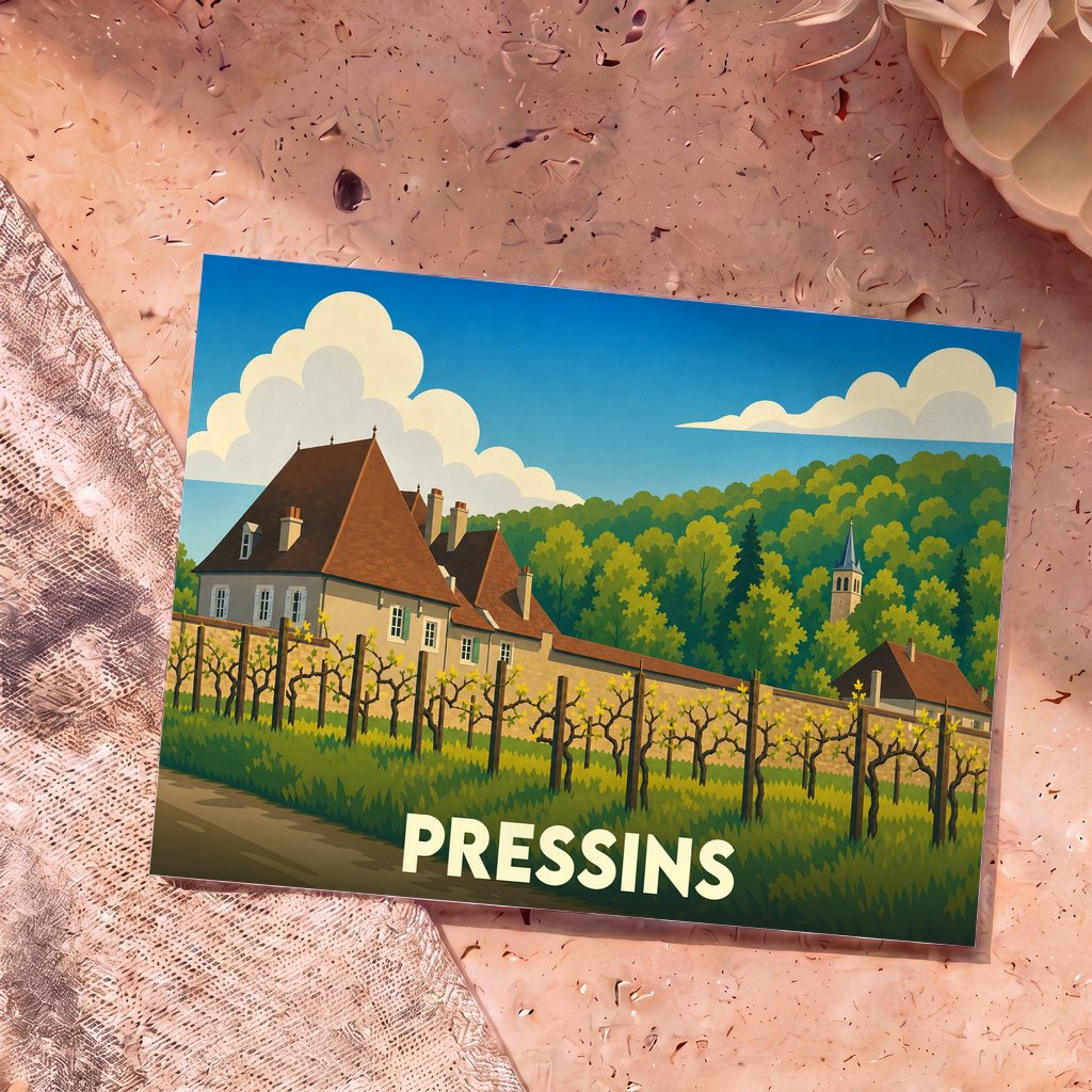 Carte postale souvenir de la ville de Pressins avec une illustration stylisée de ses paysages et de son patrimoine.