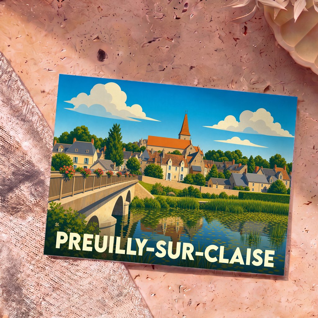 Carte postale souvenir de la ville de Preuilly-sur-Claise avec une illustration stylisée montrant son pont et son église.
