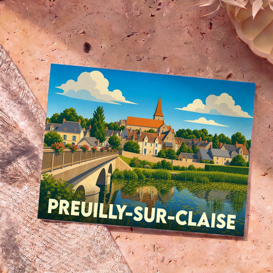 Carte postale souvenir de la ville de Preuilly-sur-Claise avec une illustration stylisée montrant son pont et son église.