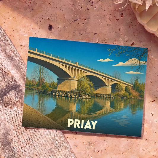 Carte postale souvenir de la ville de Priay avec une illustration stylisée de son pont se reflétant dans l'eau.
