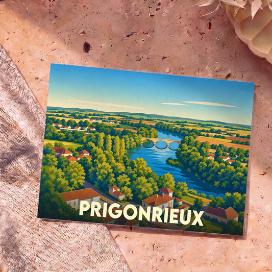 Carte postale souvenir de la ville de Prigonrieux avec une illustration stylisée d'un paysage fluvial.