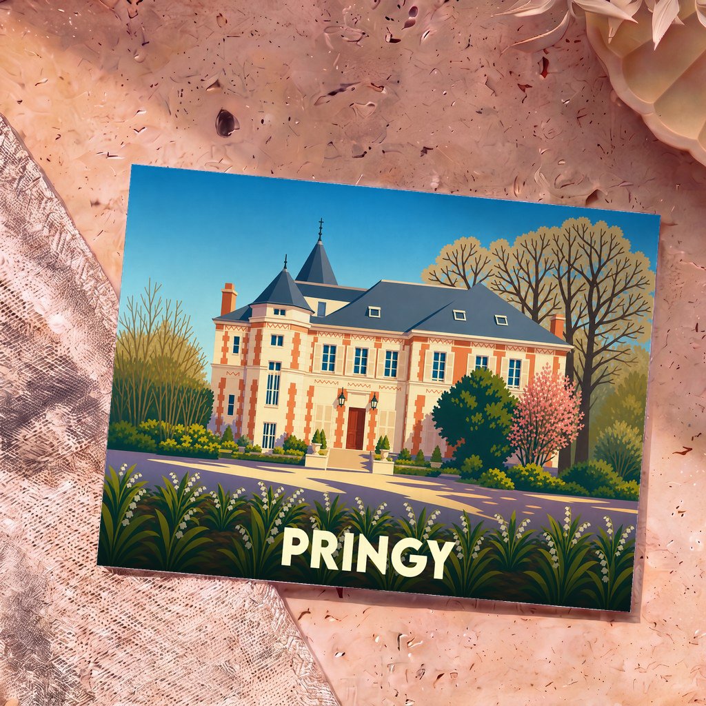 Carte postale souvenir de la ville de Pringy avec une illustration stylisée d'un manoir.