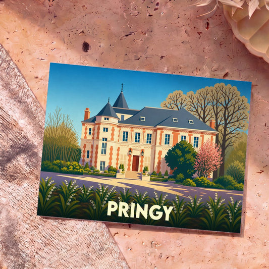 Carte postale souvenir de la ville de Pringy avec une illustration stylisée d'un manoir.