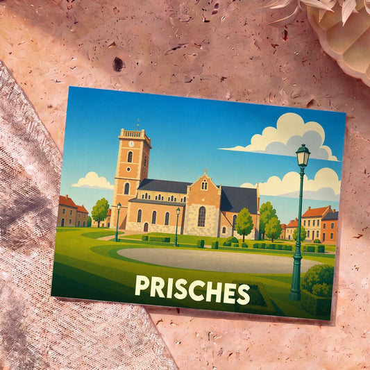 Carte postale souvenir de la ville de Prisches avec une illustration stylisée de son église et de ses espaces verts.