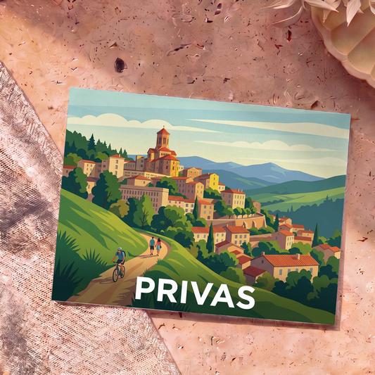 Carte postale souvenir de la ville de Privas avec une illustration stylisée d'un paysage vallonné.