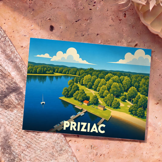 Carte postale souvenir de la ville de Priziac avec une illustration stylisée d'un lac bordé de forêts.