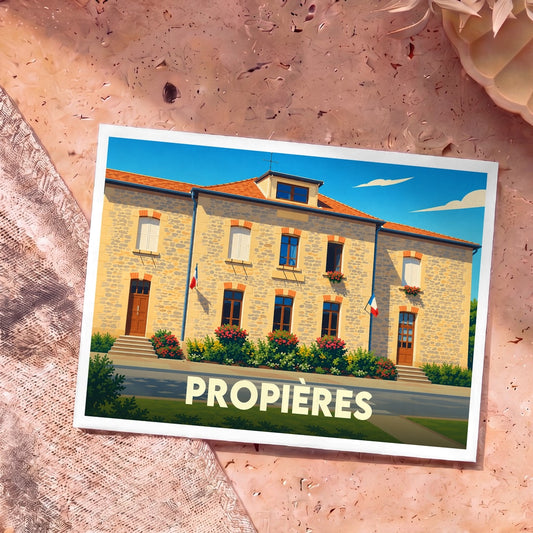 Carte postale souvenir de la ville de Propières représentant une illustration stylisée de sa mairie.