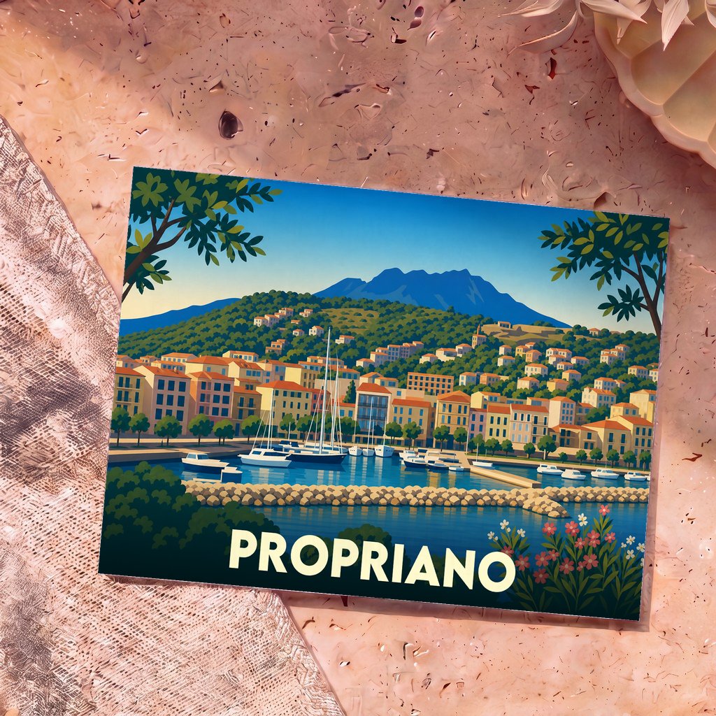 Carte postale souvenir de la ville de Propriano avec une illustration stylisée de son port et de ses montagnes.