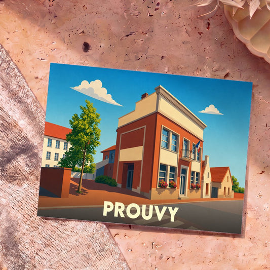 Carte postale souvenir de la ville de Prouvy avec une illustration stylisée de son architecture locale sous un ciel bleu.