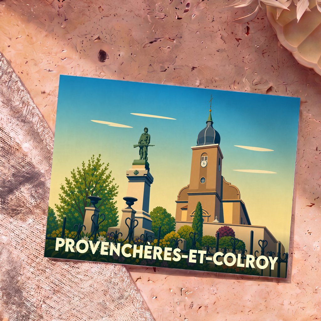 Carte postale souvenir de la ville de Provenchères-et-Colroy avec une illustration stylisée de son église et de son monument aux morts.
