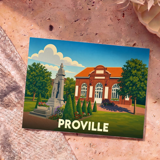 Carte postale souvenir de la ville de Proville illustrant un monument et l'architecture locale dans un style rétro.