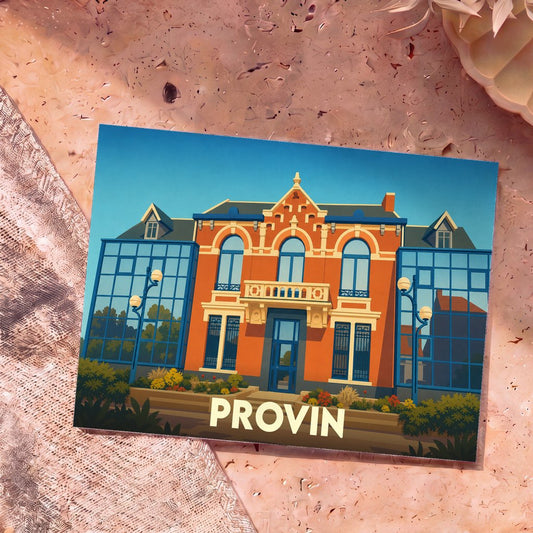 Carte postale souvenir de la ville de Provin avec une illustration stylisée de son hôtel de ville.